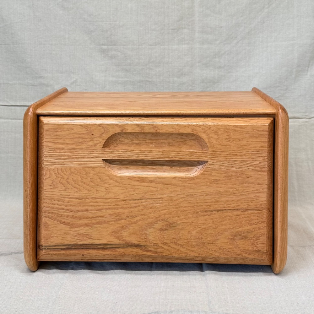 Vintage Cornwall USA Oak Wood Bread Box Drop Front Kitchen Storage Countertop